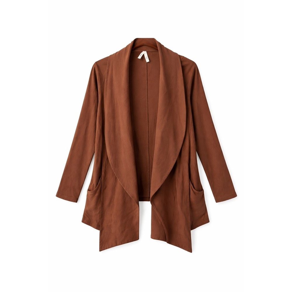 Pact Eco Friendly Organic Cotton Open Cardigan Brown Minimalist Pocket Jacket M